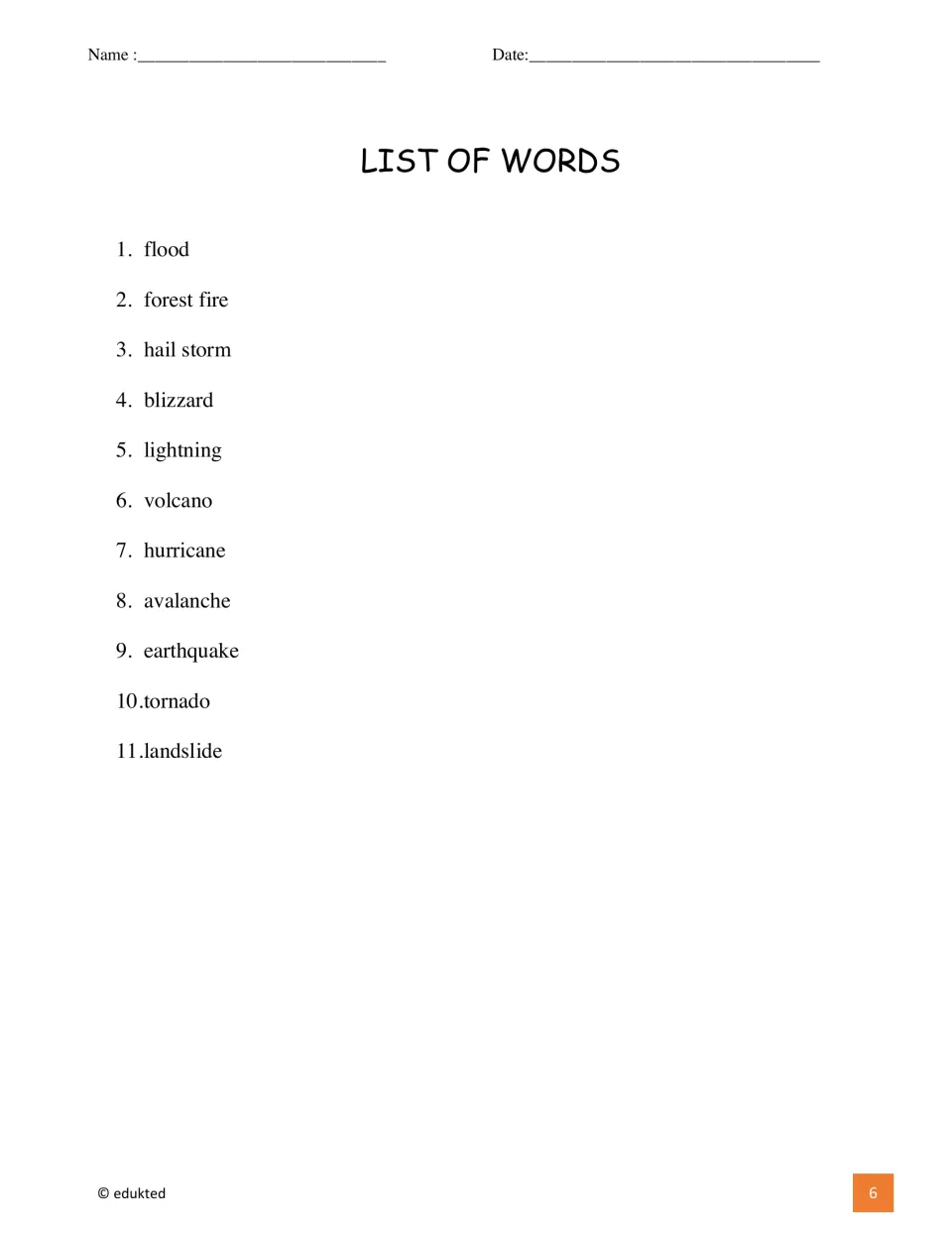 Booklet vocabulary list names flood, forest fire, hail storm, blizzard, lightning, volcano, and five more