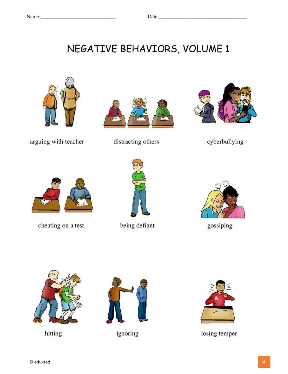 Vocabulary reference illustrates nine behaviors, including hitting, cyberbullying, gossiping, and ignoring