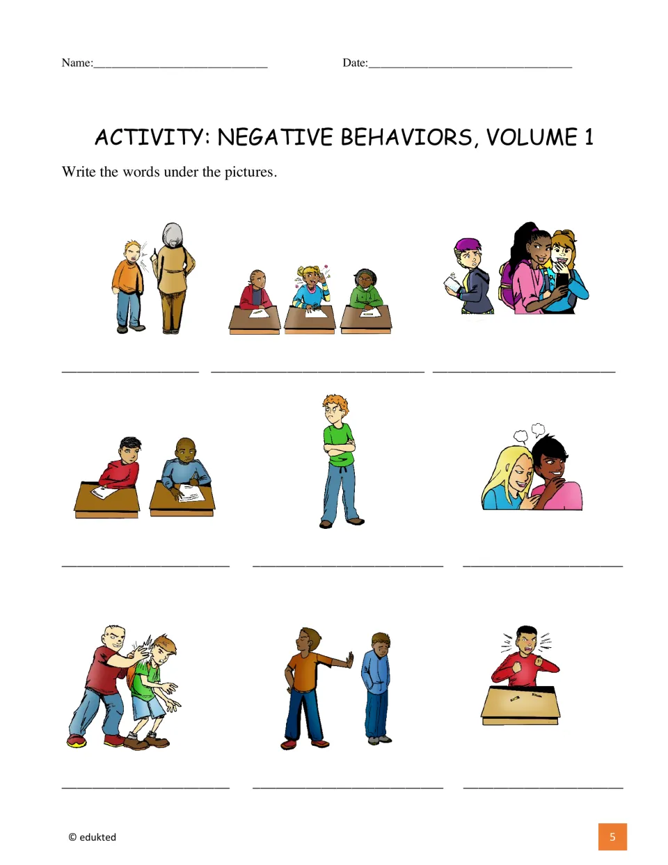 Picture-labeling activity asks students to name the same nine behaviors shown on the vocabulary reference