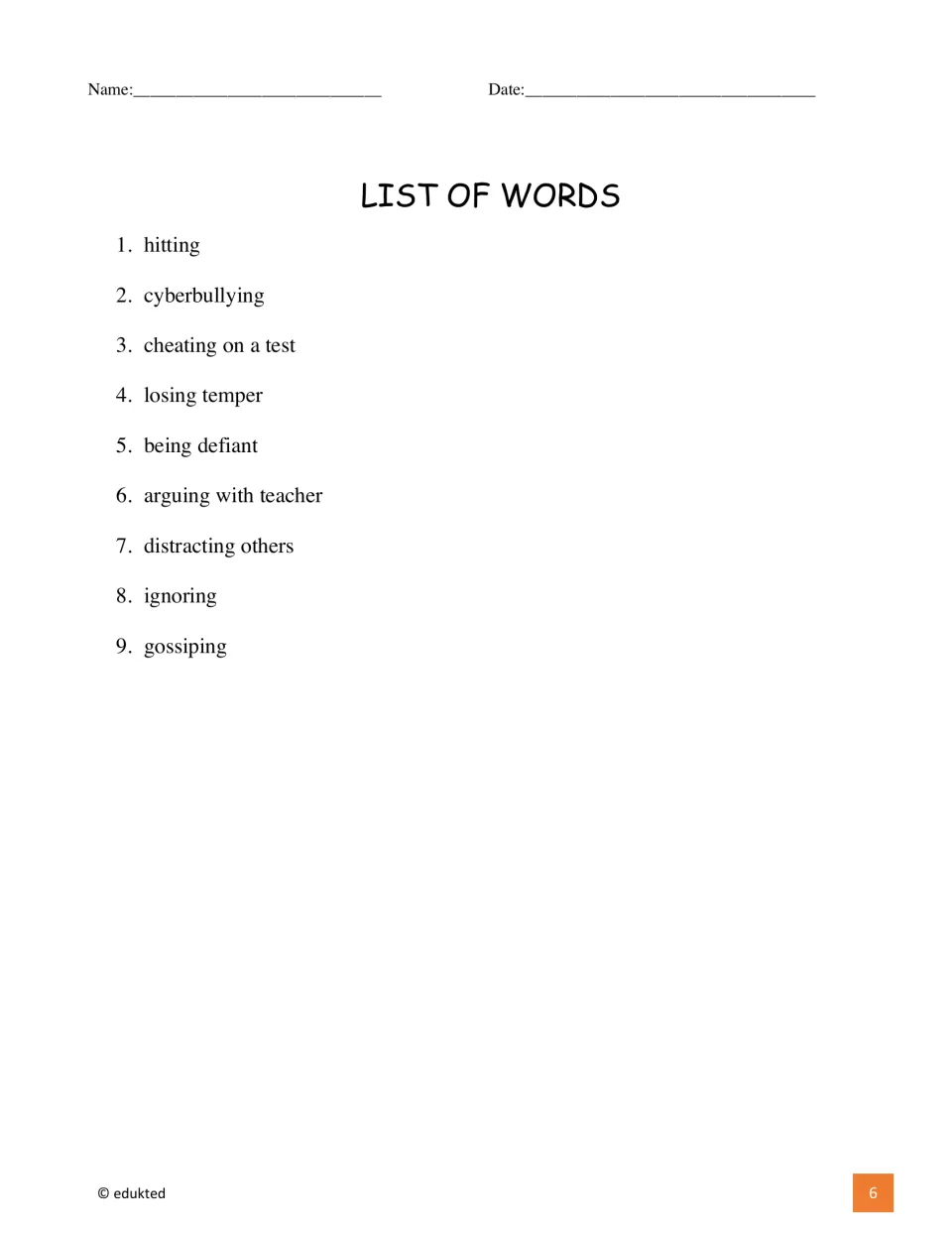 Vocabulary list names nine behaviors, including cheating on a test, losing temper, and distracting others