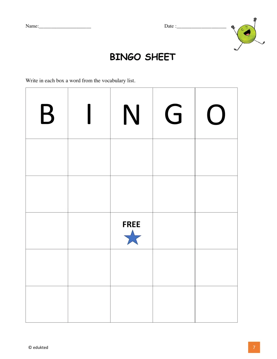Bingo activity directs students to fill their bingo sheet using words from the booklet's vocabulary list