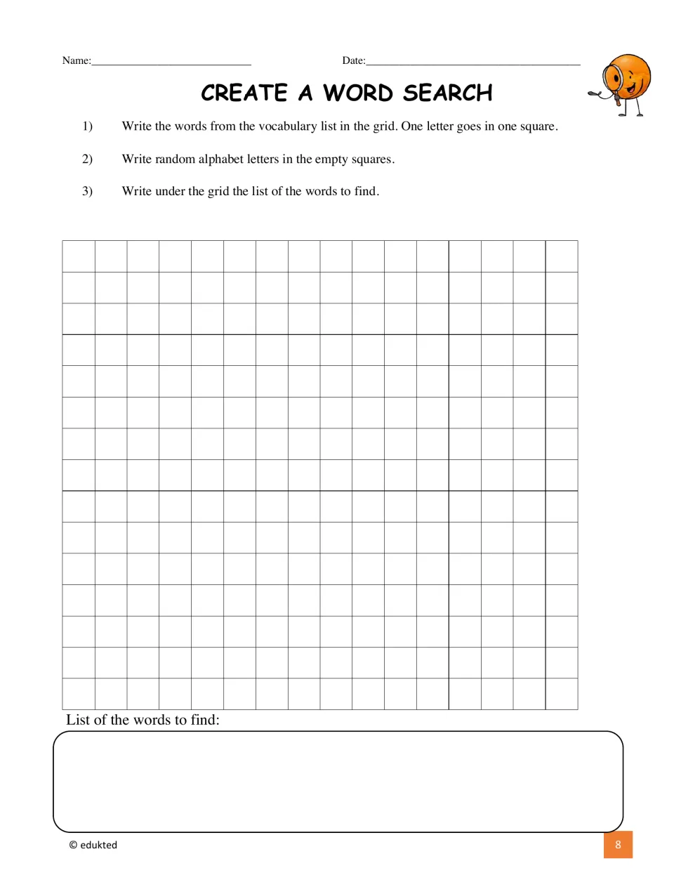 Word search activity asks students to place vocabulary words, add random letters, and list words to find