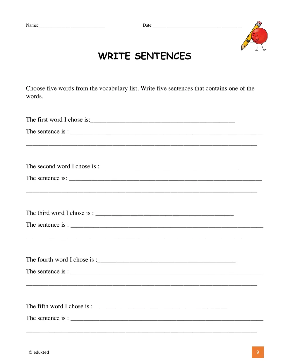 Sentence-writing activity asks students to choose five vocabulary words and write one sentence for each