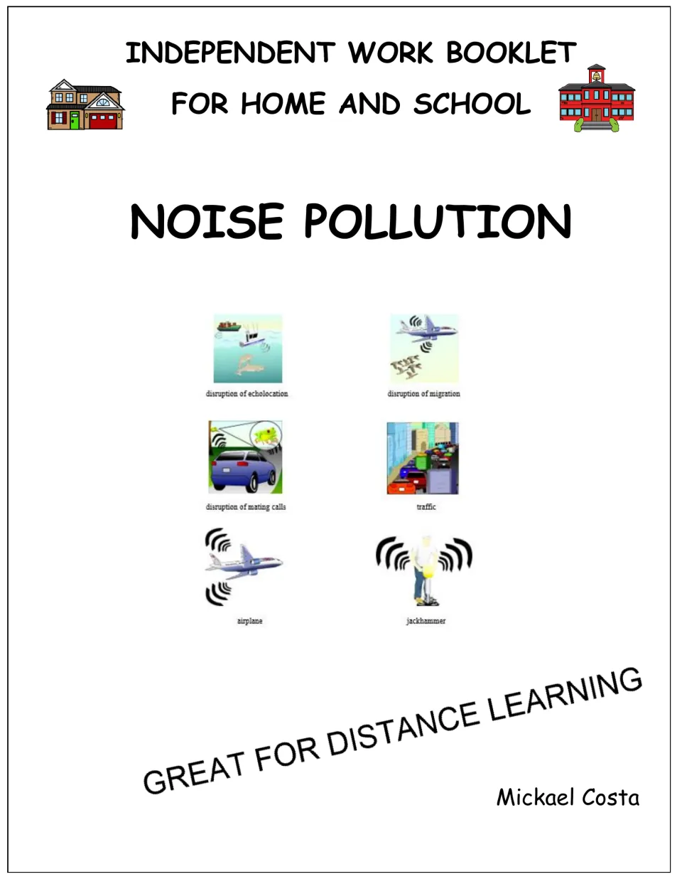 Noise pollution work booklet cover showing six picture-word cards, from traffic and jackhammer to disrupted migration
