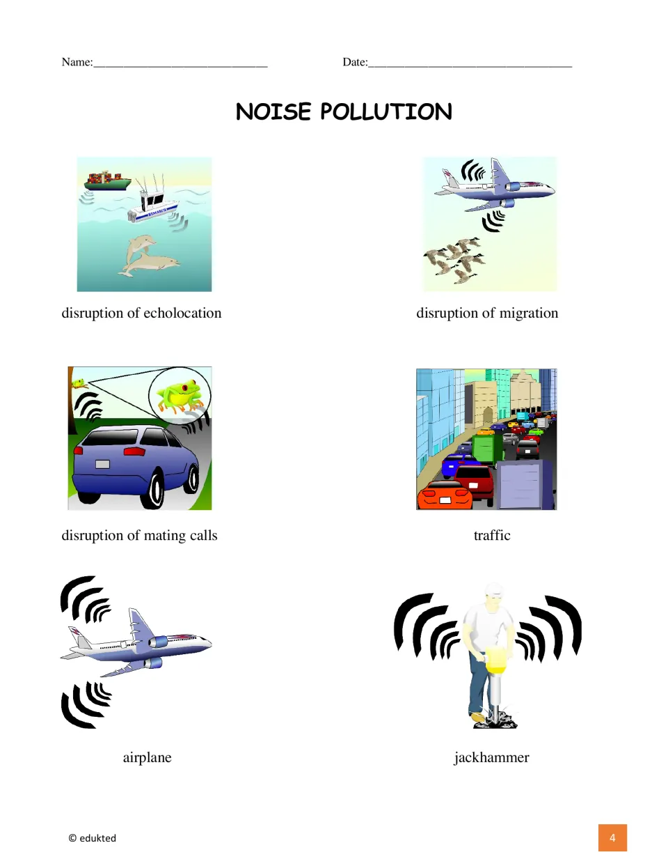 Vocabulary sheet: six labeled pictures, from traffic and a jackhammer to disrupted mating calls, migration and echolocation