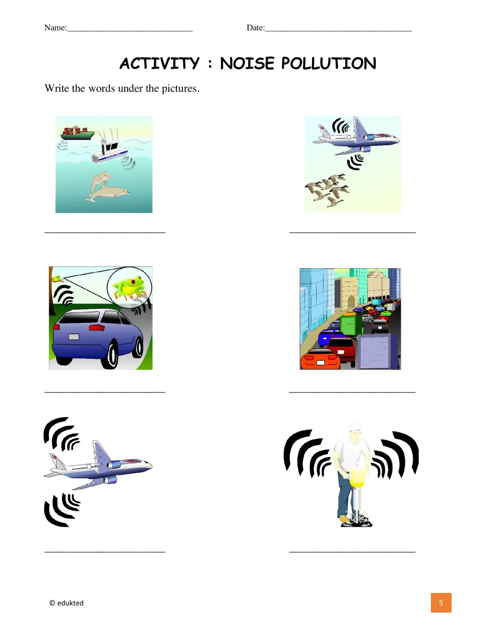 Picture labeling activity: students write the matching noise pollution term under each of six illustrated pictures