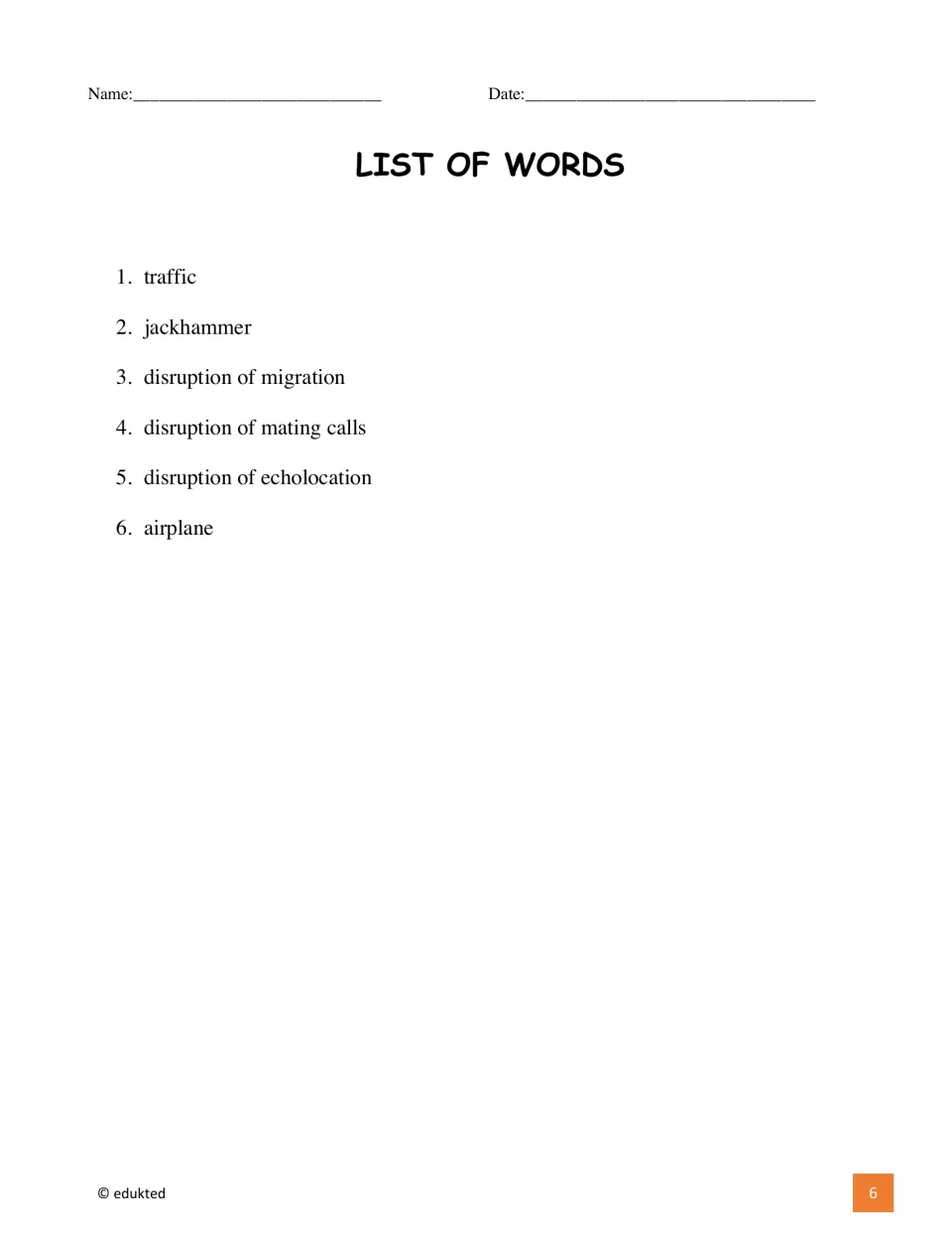 Numbered list of six vocabulary terms: traffic, jackhammer, disruption of migration, mating calls, echolocation, airplane