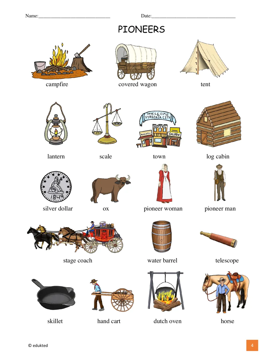Pioneer vocabulary reference illustrates 18 terms, including campfire, covered wagon, lantern, and log cabin.