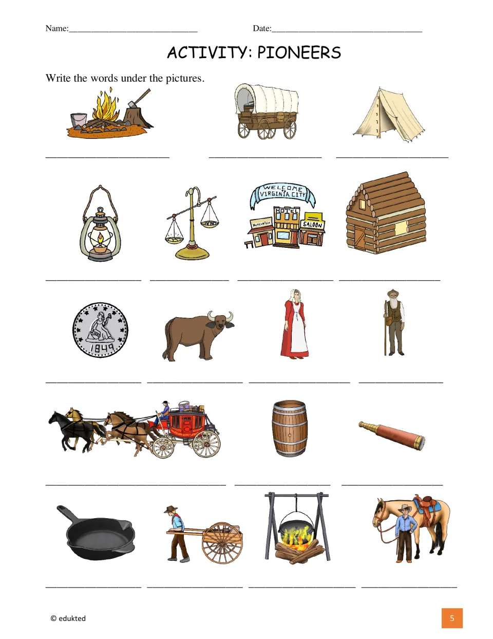 Pioneer vocabulary activity asks students to label 18 pictures, including an ox, a skillet, and a telescope.