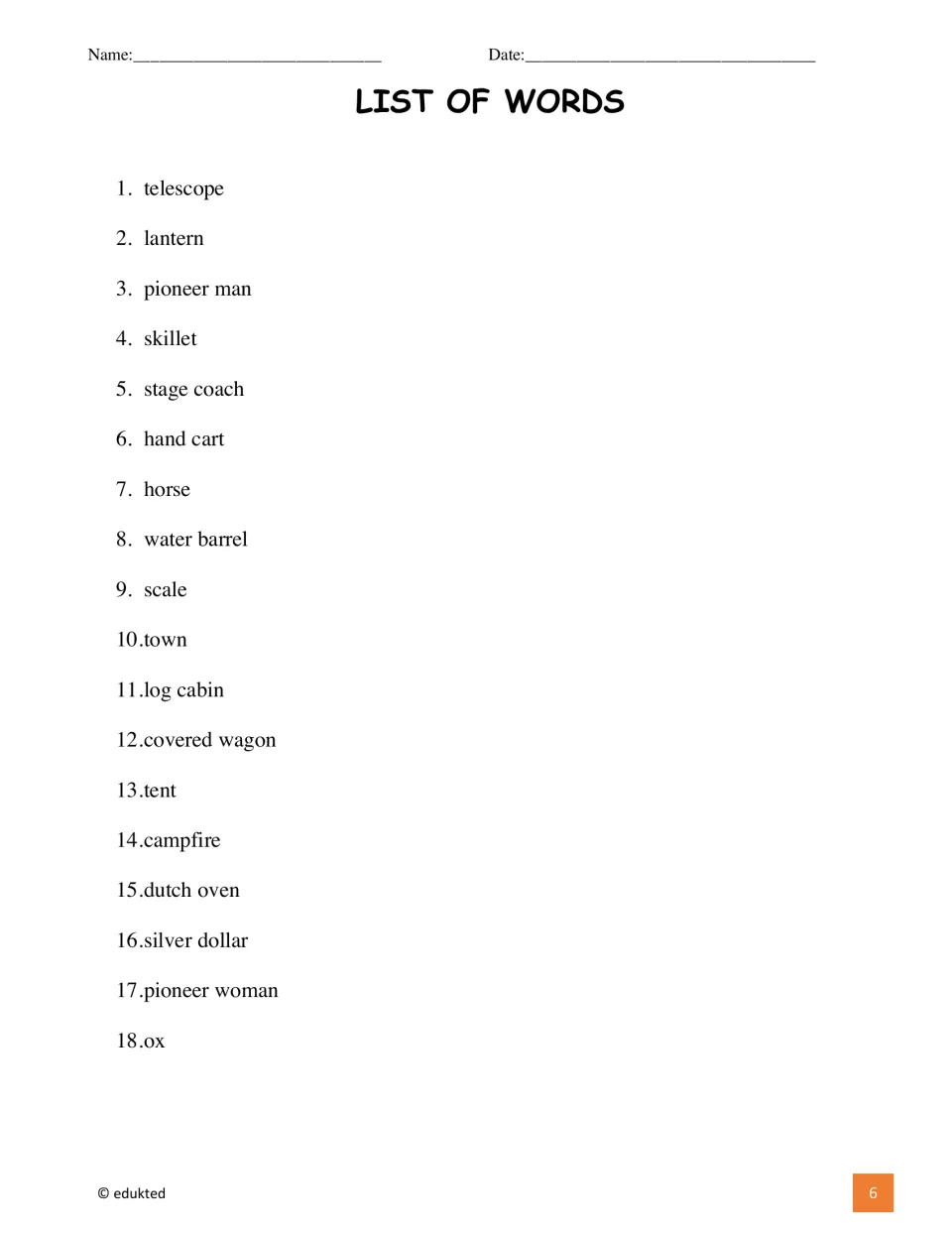 Pioneer vocabulary list names 18 terms, from telescope and lantern to silver dollar, pioneer woman, and ox.
