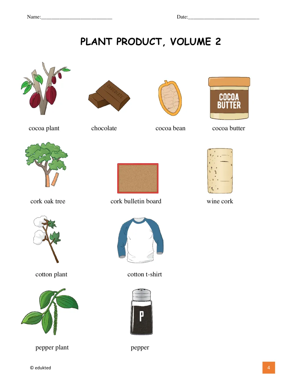 Illustrated vocabulary reference labels 11 plant-related terms, including cocoa butter, wine cork, and pepper.
