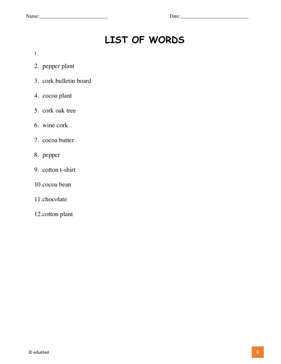 Booklet word list includes 11 terms, such as pepper plant, cork bulletin board, cocoa bean, and cotton plant.