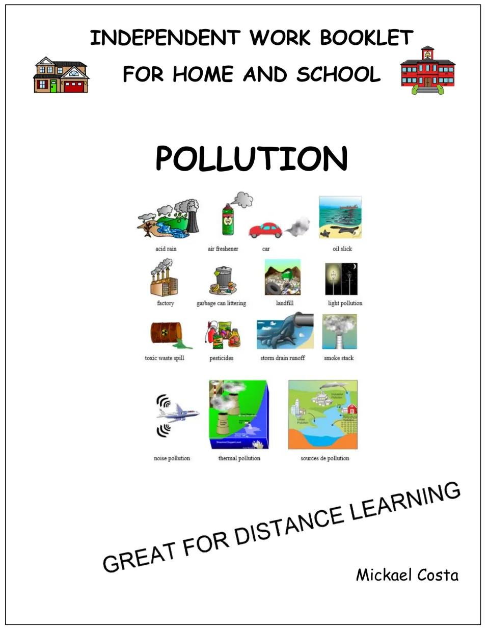Pollution booklet cover introducing independent work for home and school, with illustrated vocabulary