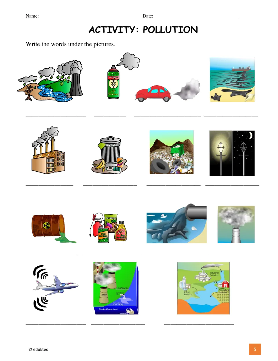 Pollution labeling activity asks students to name 15 pictures using words from the vocabulary reference