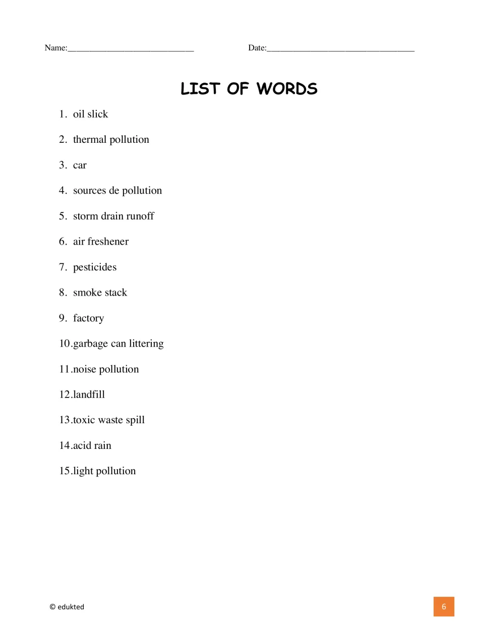 Pollution vocabulary list contains 15 terms, including thermal pollution, pesticides, and toxic waste spill
