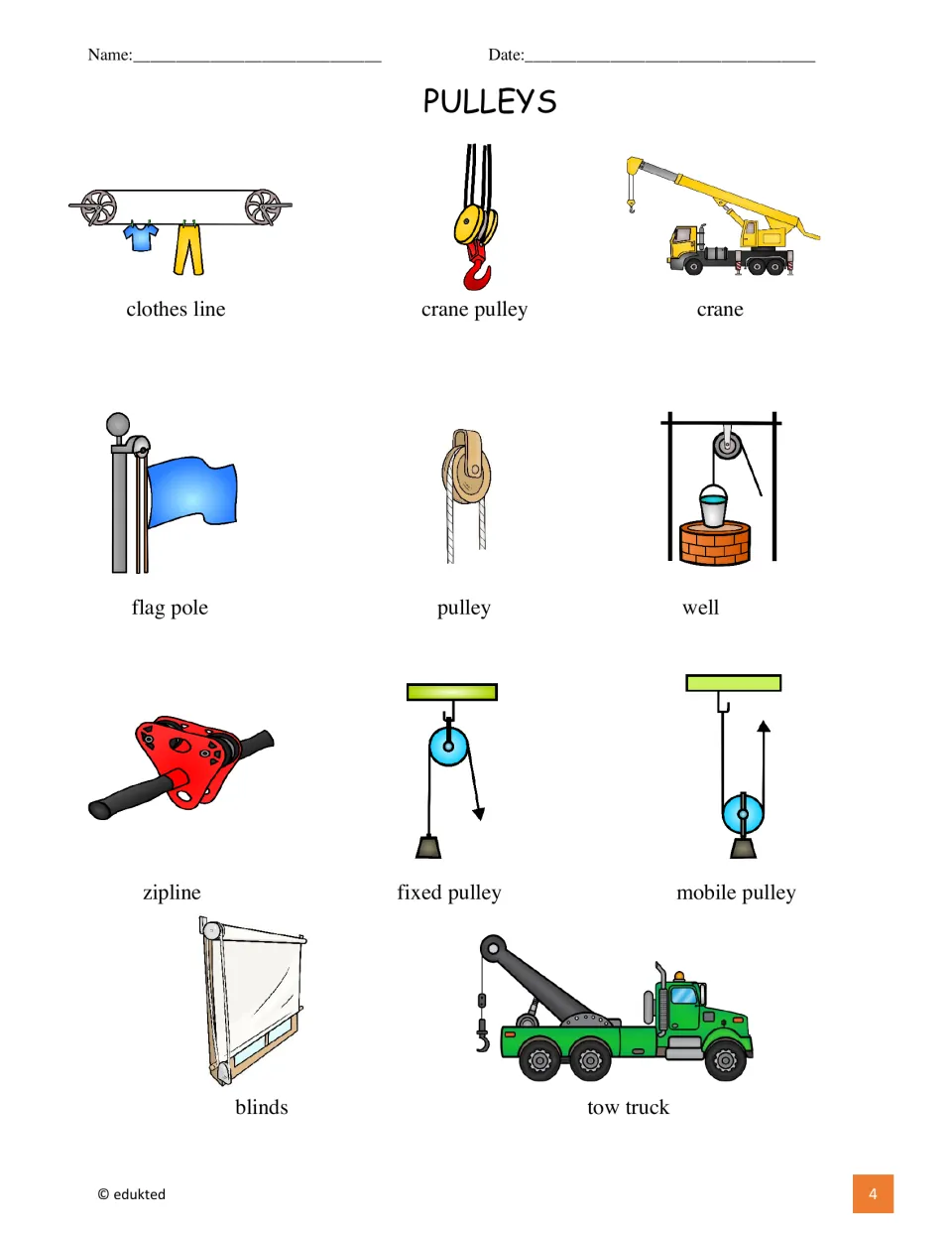 Pulley vocabulary reference pairs 11 pictures with labels, including fixed pulley, mobile pulley, and crane