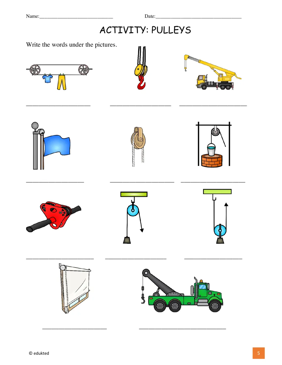Pulley labeling activity asks students to name 11 pictures, including a clothesline, crane pulley, and well