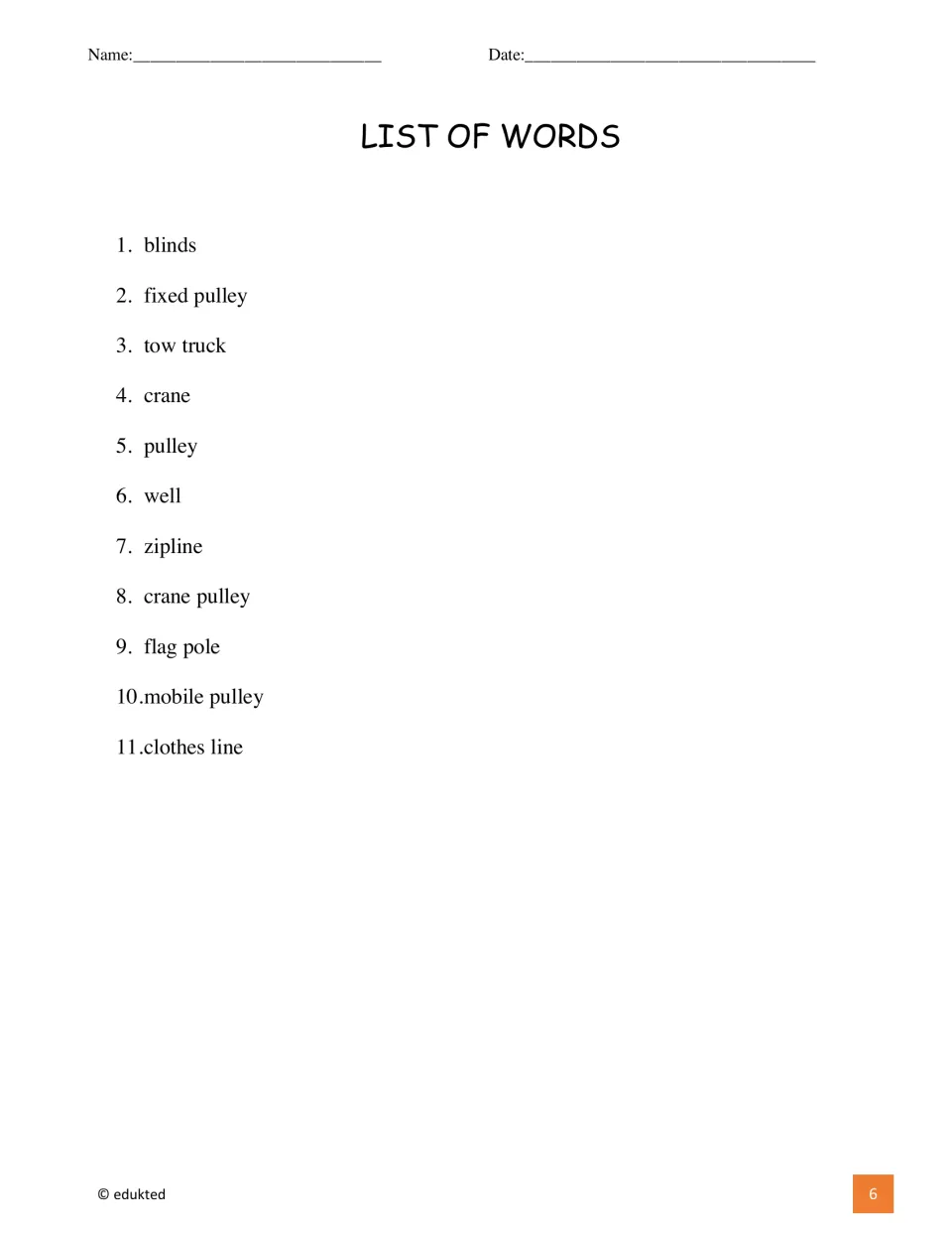 Pulley vocabulary list names blinds, fixed pulley, tow truck, crane, pulley, well, zipline, and four more