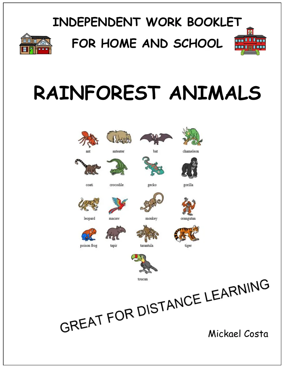 Cover of the rainforest animal literacy booklet for home and school, showing 17 labeled animal pictures