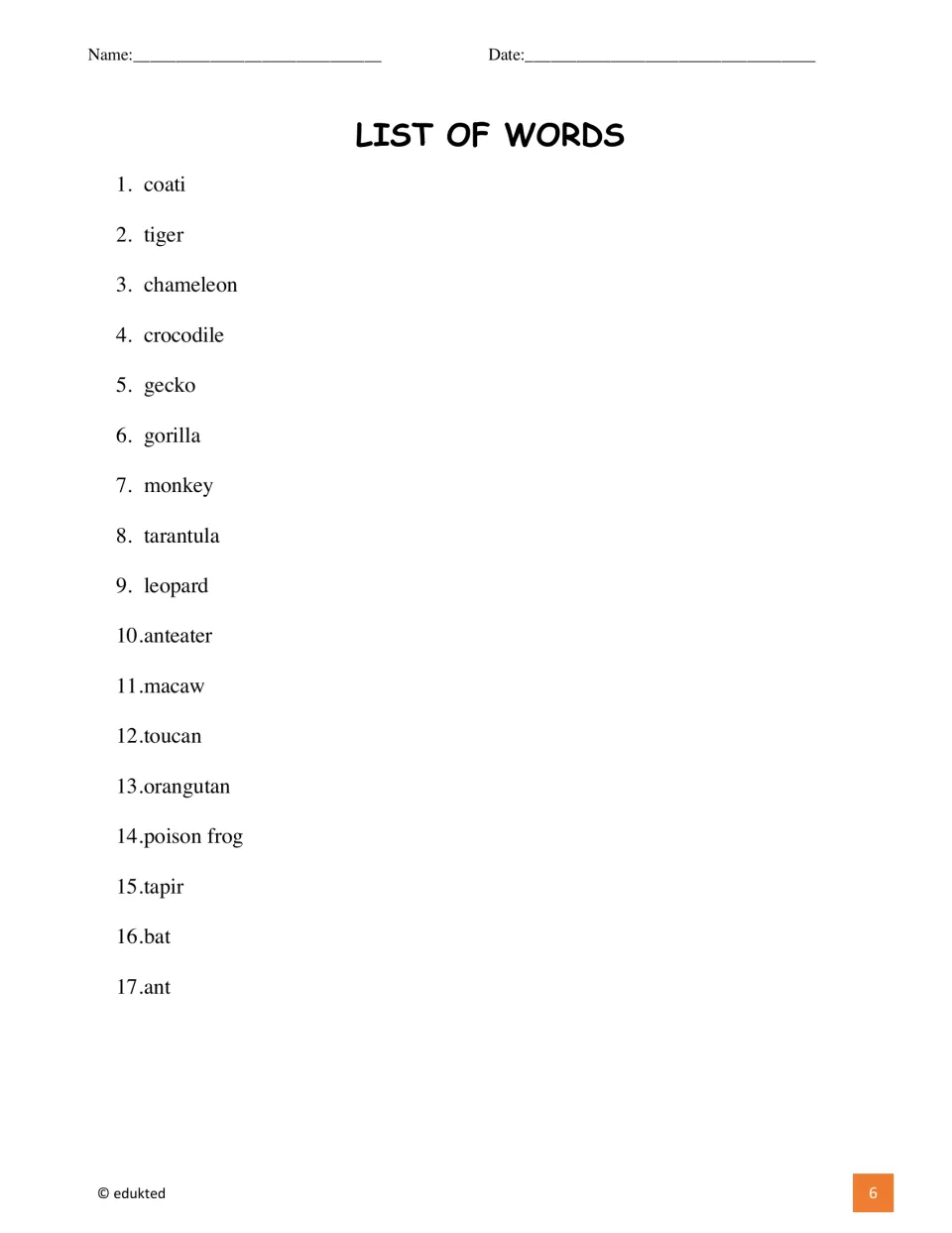Vocabulary list supplies 17 animal words for the booklet’s activities, including coati, tiger, and chameleon