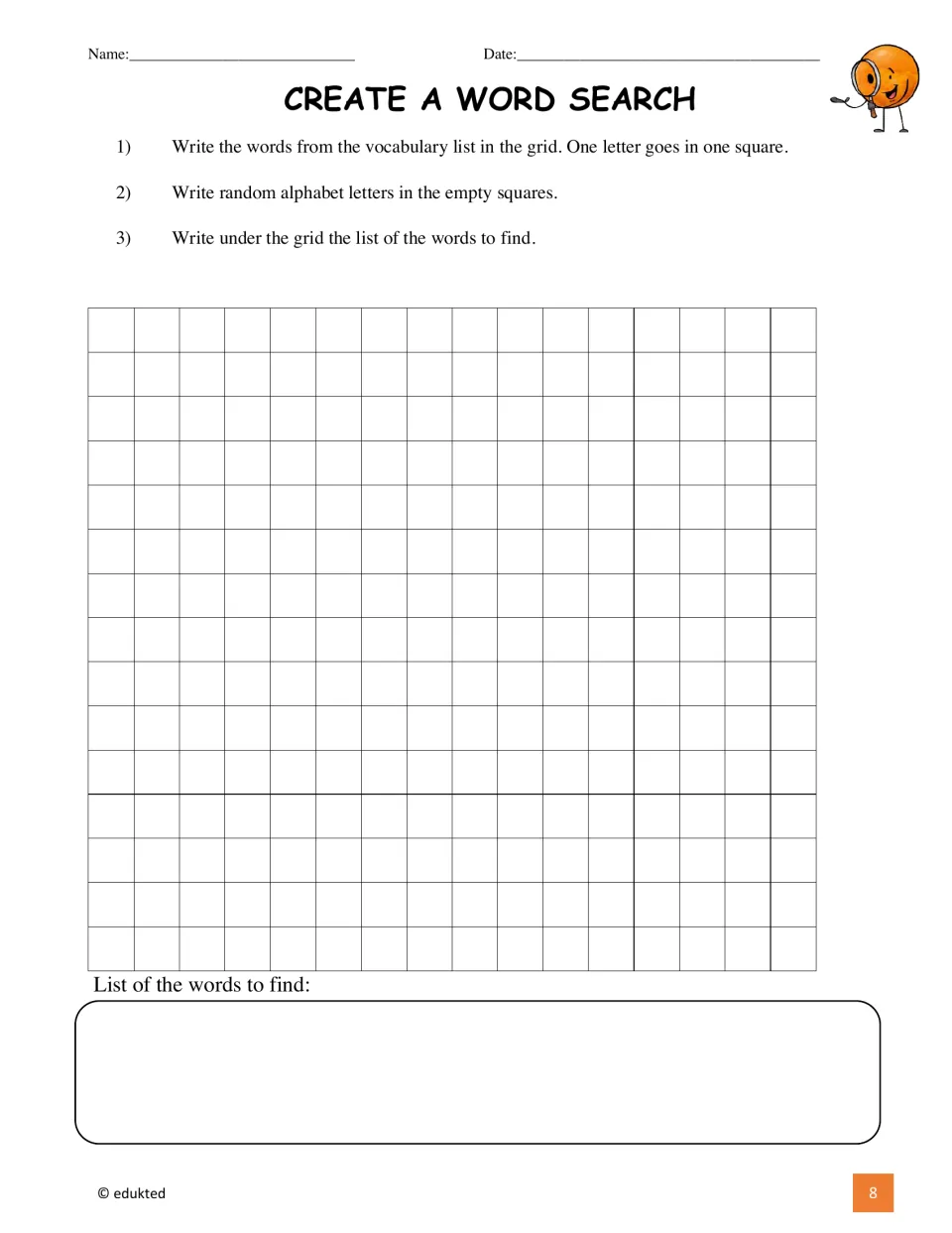 Word search creation activity directs students to place vocabulary words, add random letters, and list the words