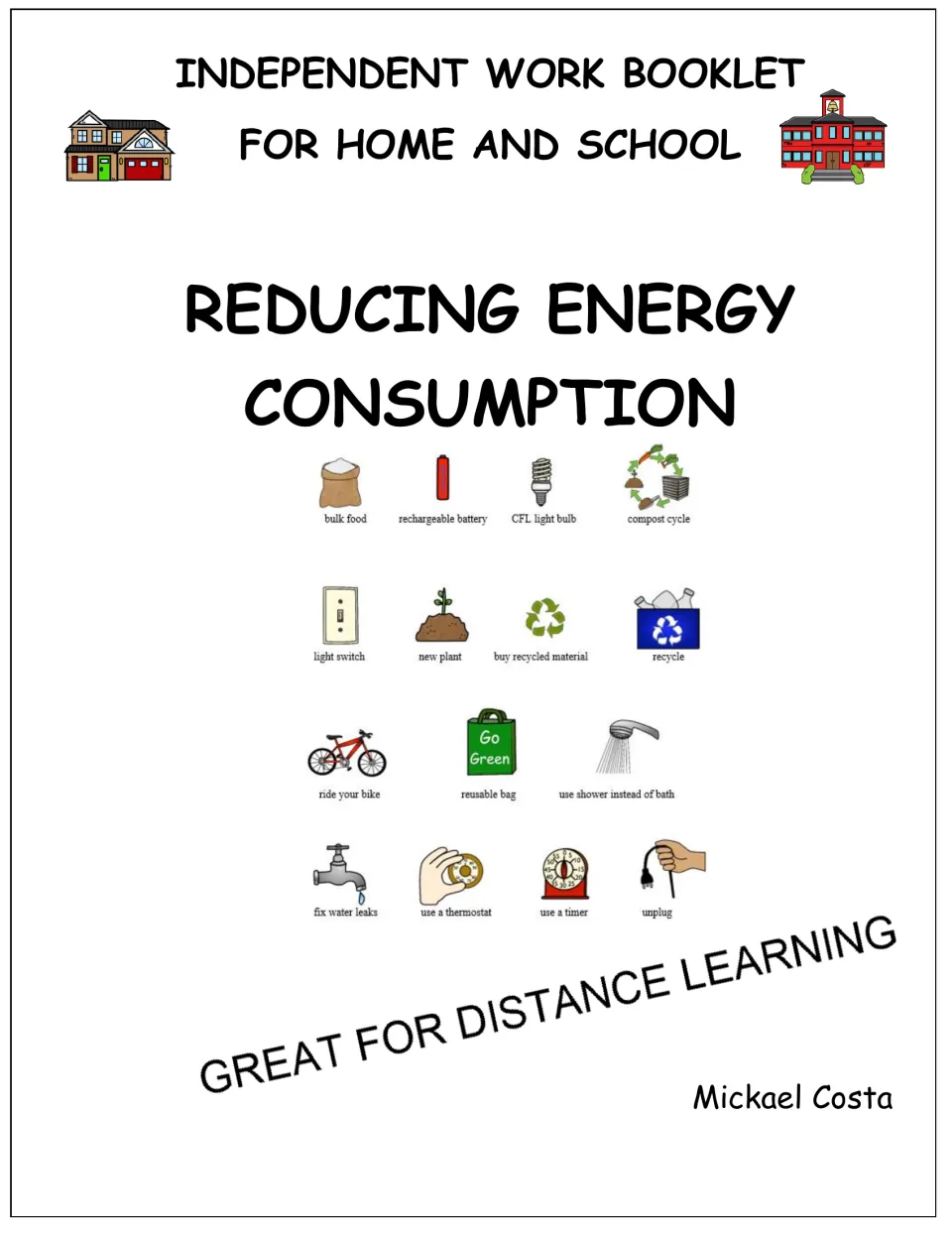 Cover of the energy conservation literacy booklet for home and school, illustrated with conservation vocabulary