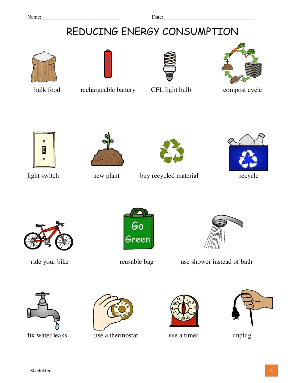 Vocabulary reference pairs 15 pictures with terms including bulk food, rechargeable battery, and unplug