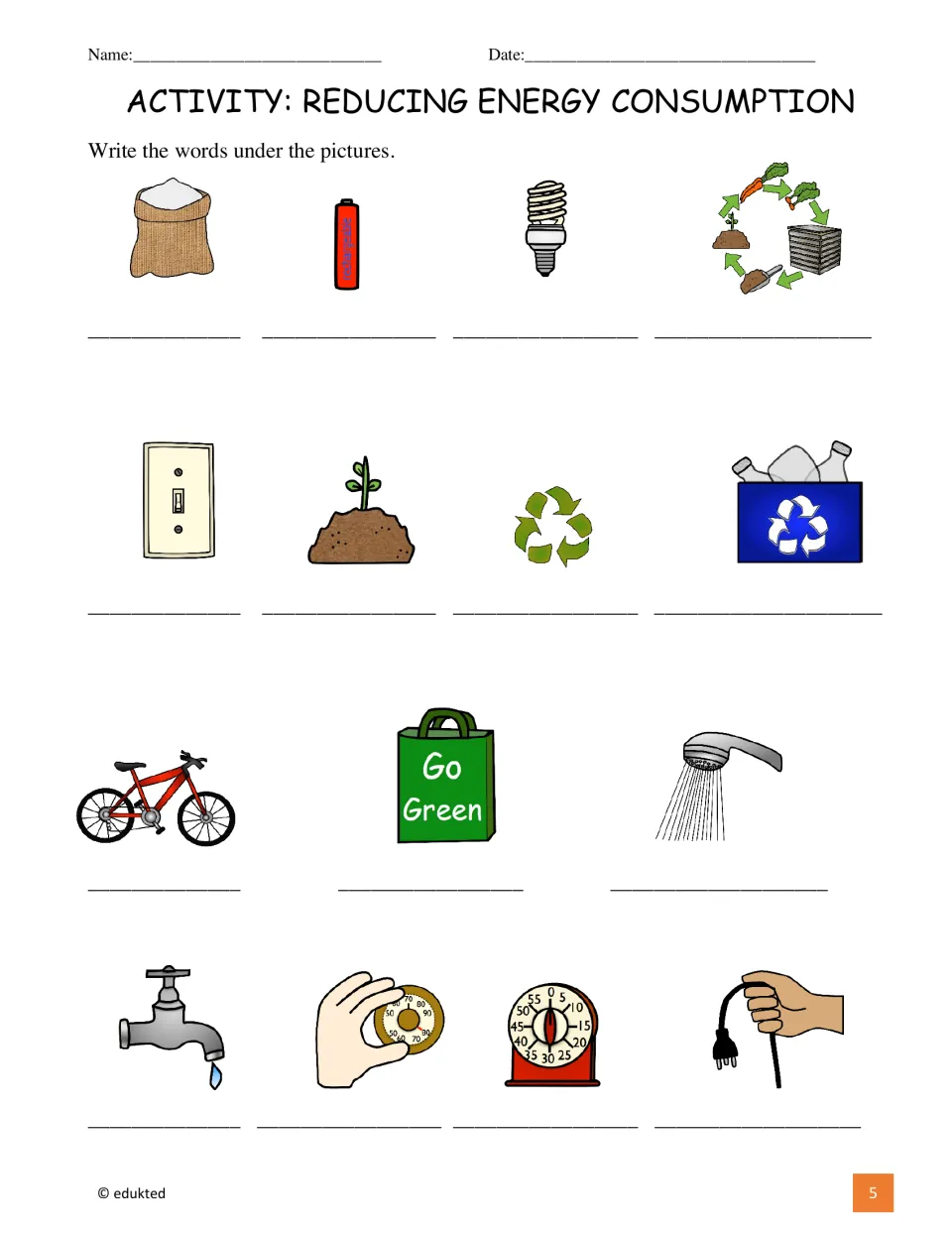 Picture-labeling activity asks students to write the vocabulary for 15 energy conservation illustrations