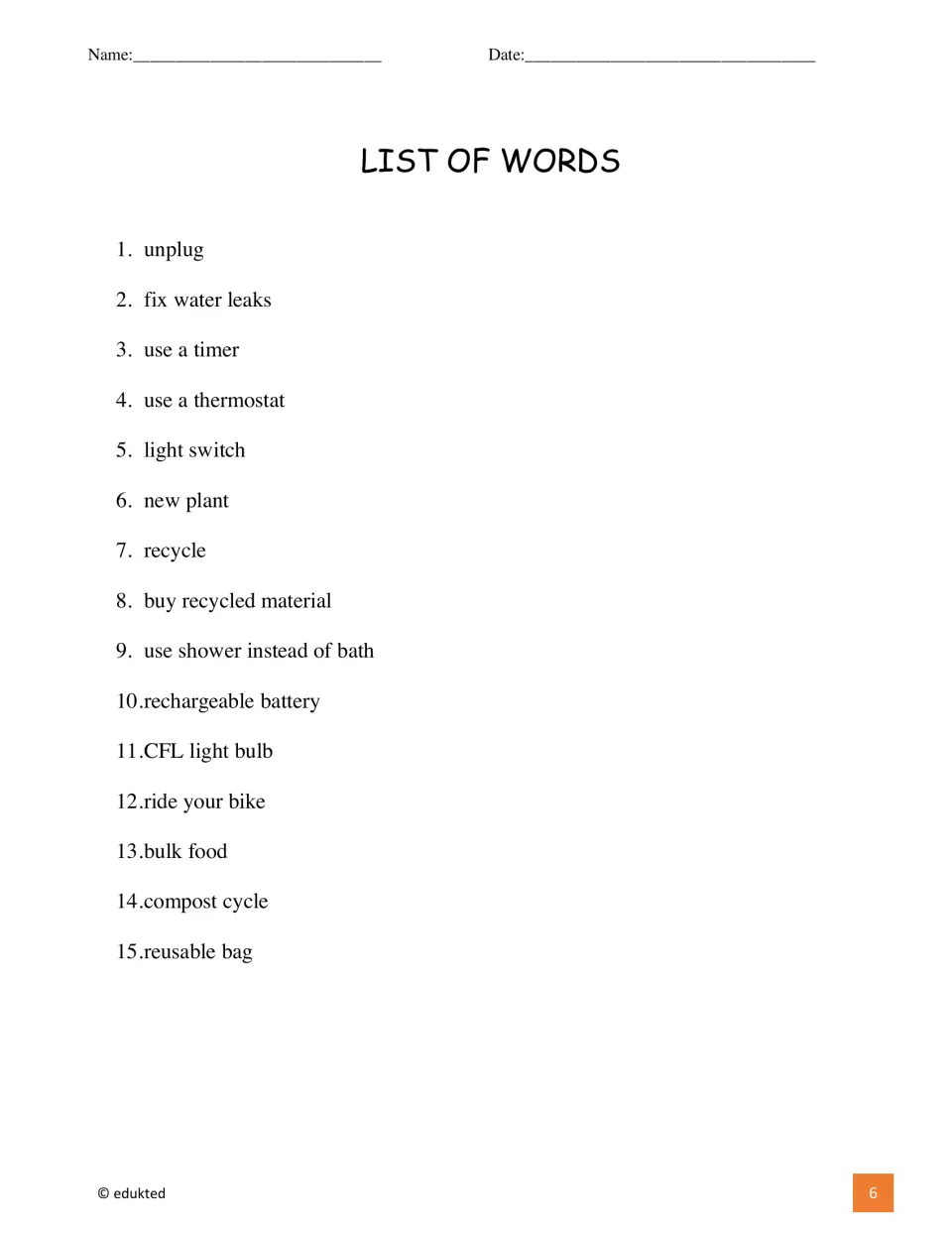 Booklet word list gives 15 terms, including unplug, fix water leaks, use a timer, and rechargeable battery