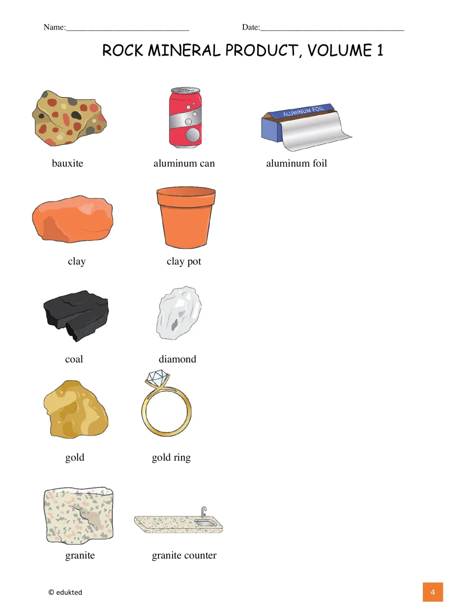 Picture vocabulary reference for 11 rock, mineral, and product terms, including bauxite, clay, coal, and gold