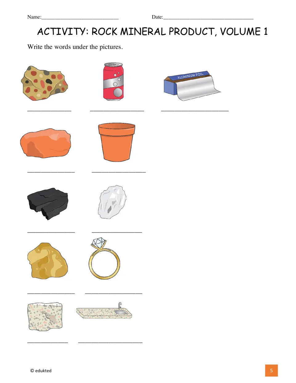Vocabulary labeling activity asks students to name 11 pictures, including bauxite, a clay pot, and a gold ring