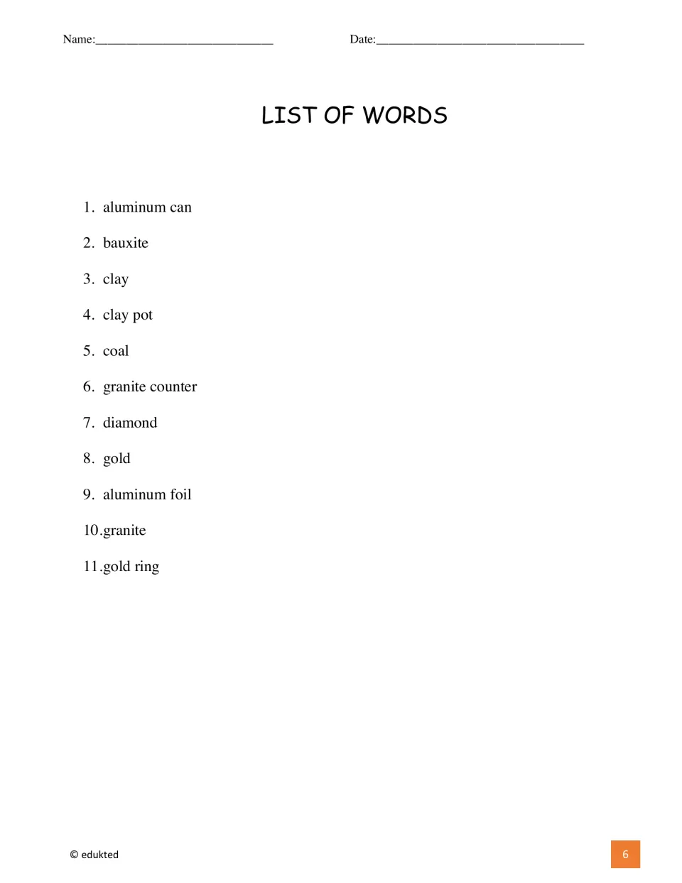 Booklet word list contains 11 terms, including aluminum can, bauxite, clay, granite counter, diamond, and gold