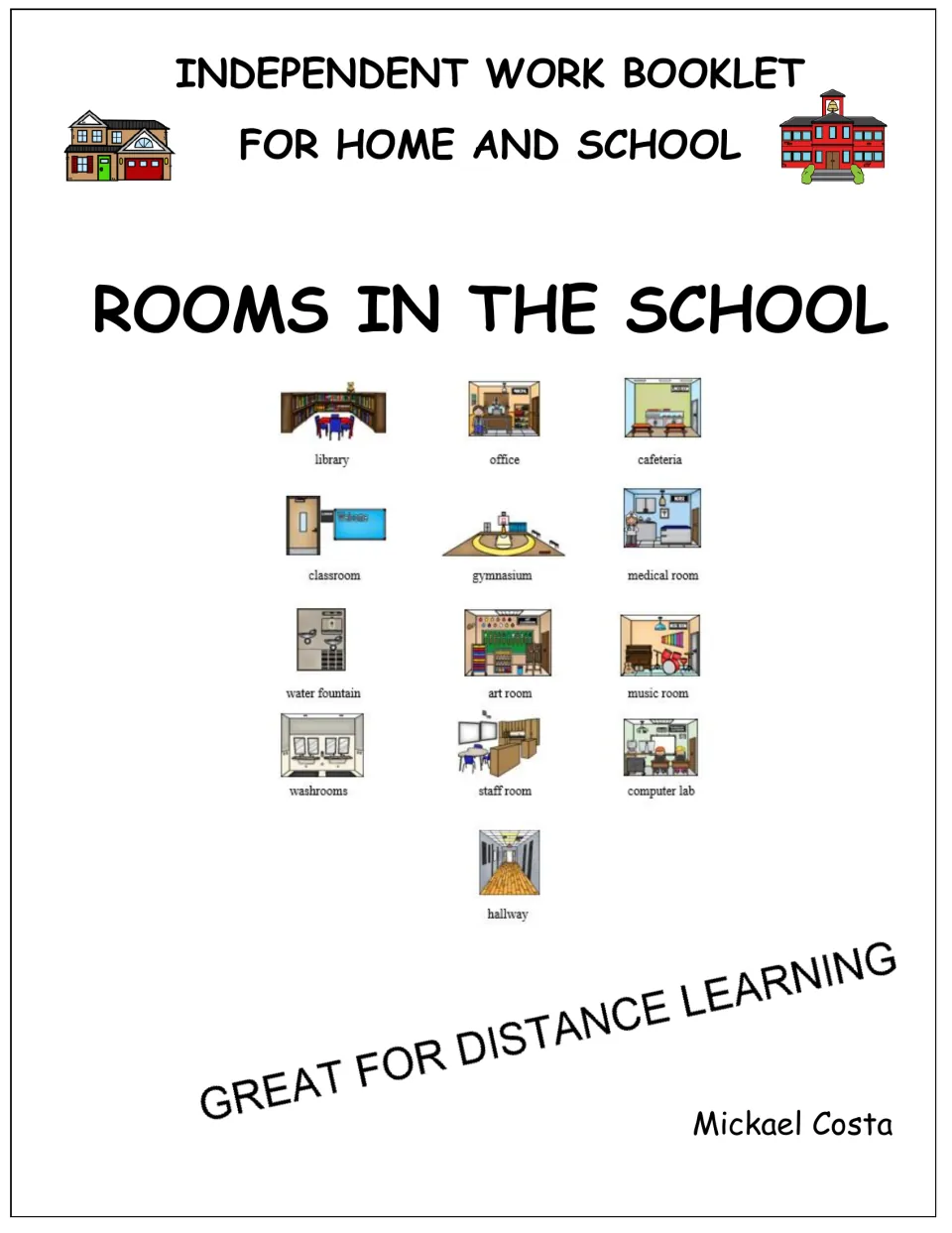 Cover of the school vocabulary workbook for home and school, showing 13 labeled school locations and features