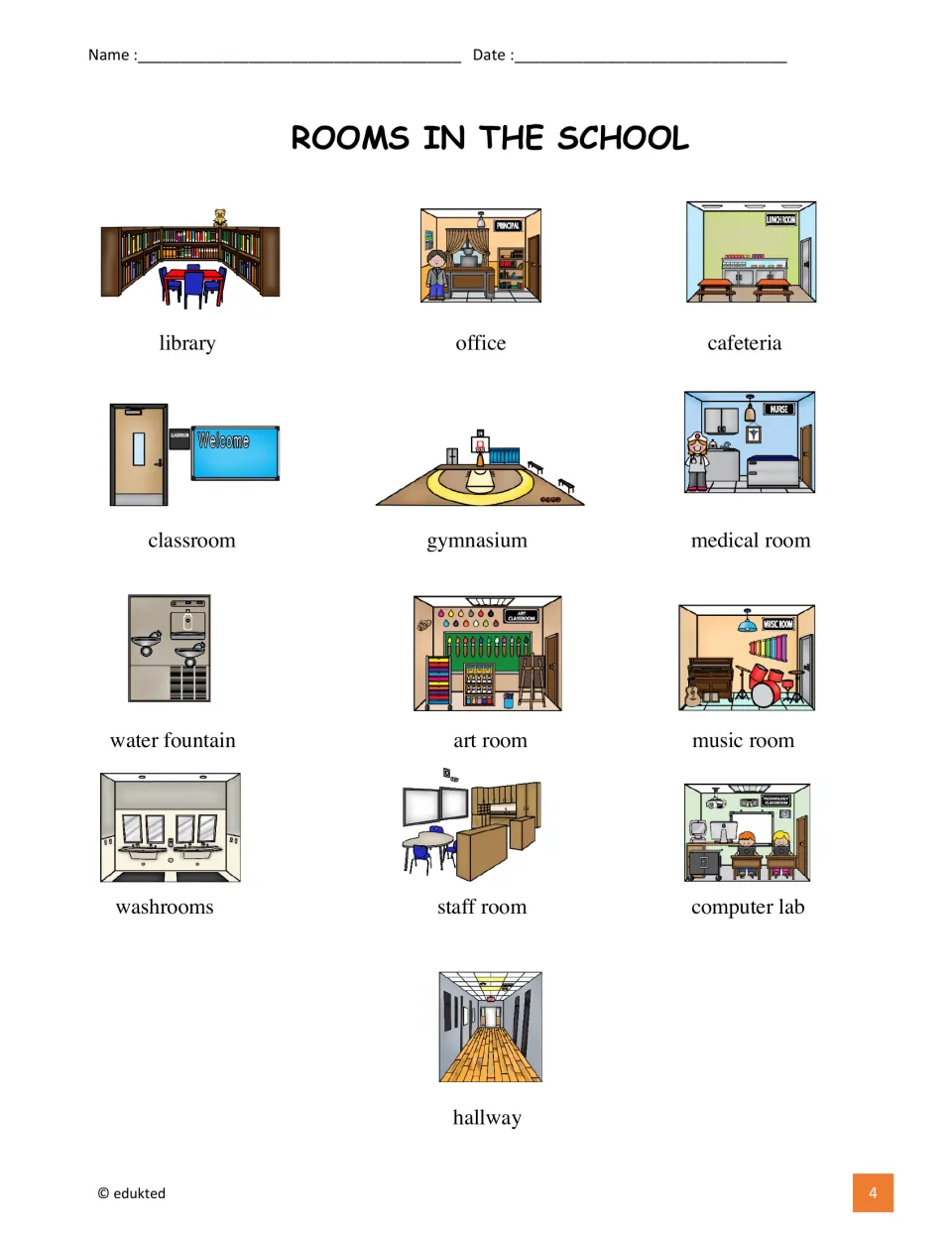 Vocabulary reference shows 13 labeled pictures, including library, office, cafeteria, classroom, and gymnasium