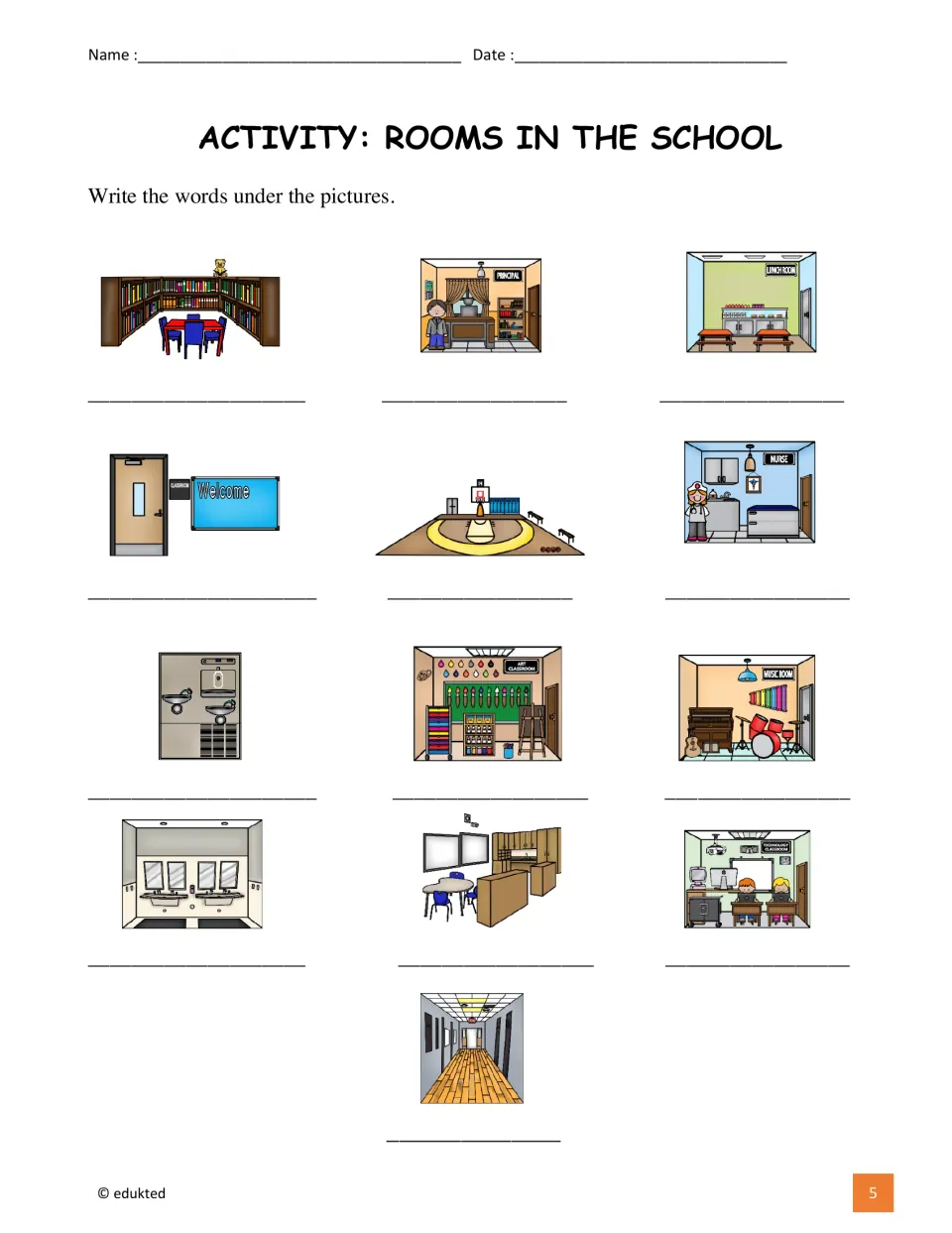 School vocabulary labeling activity asks students to write words for 13 pictures, from library to hallway