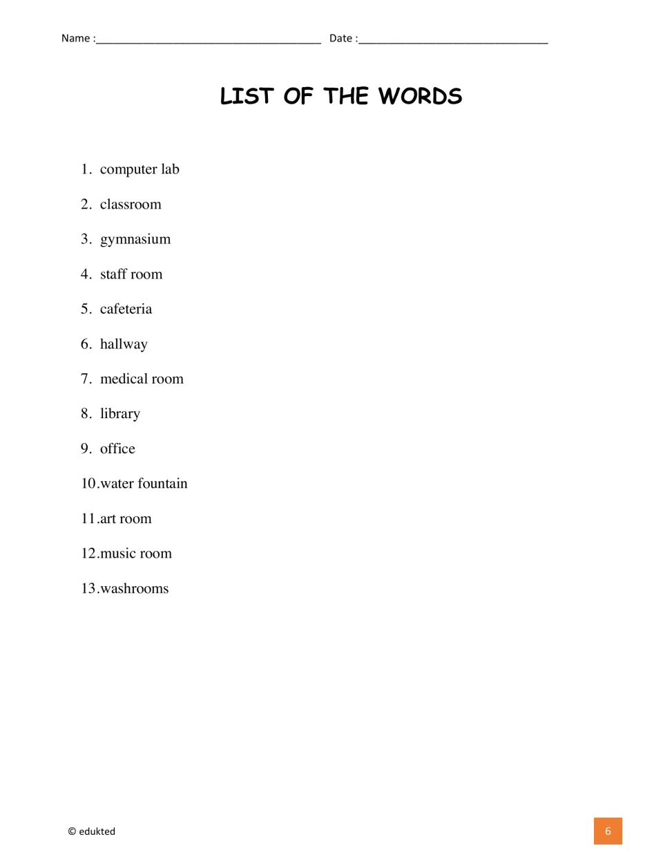 School vocabulary list contains 13 terms, including computer lab, staff room, medical room, and water fountain