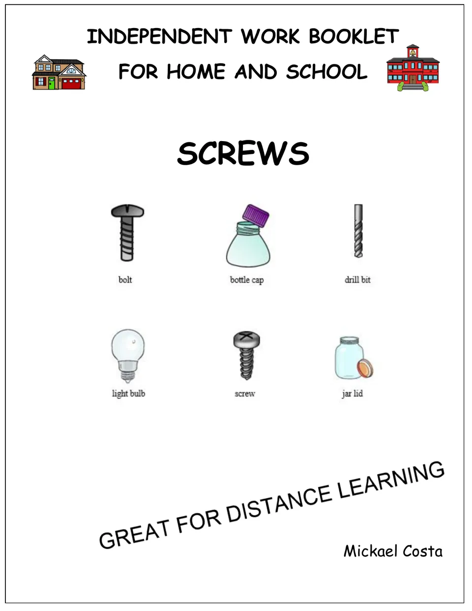Cover of the screws booklet for home and school, showing a bolt, bottle cap, drill bit, and three more