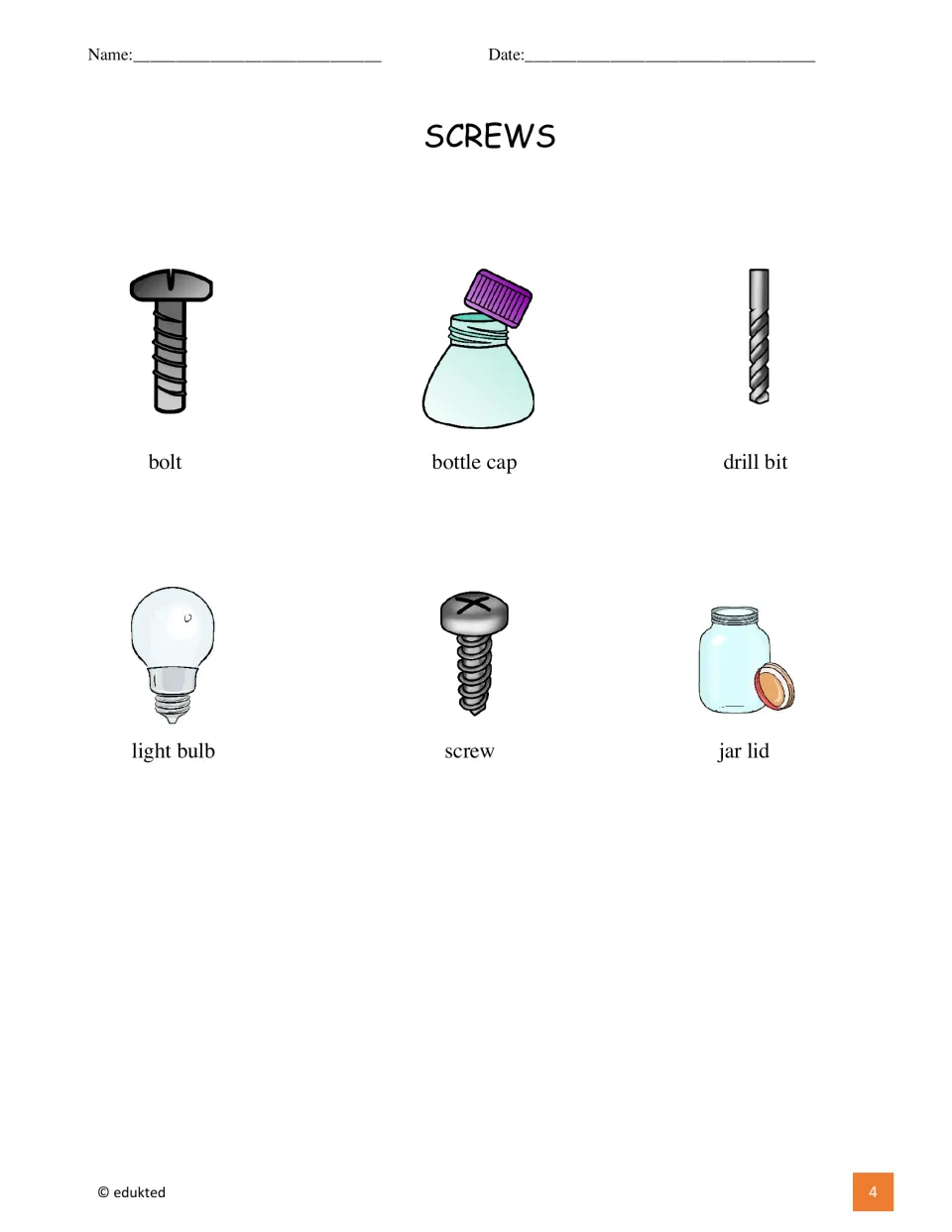 Screws vocabulary reference illustrating six terms: bolt, bottle cap, drill bit, light bulb, screw, and jar lid