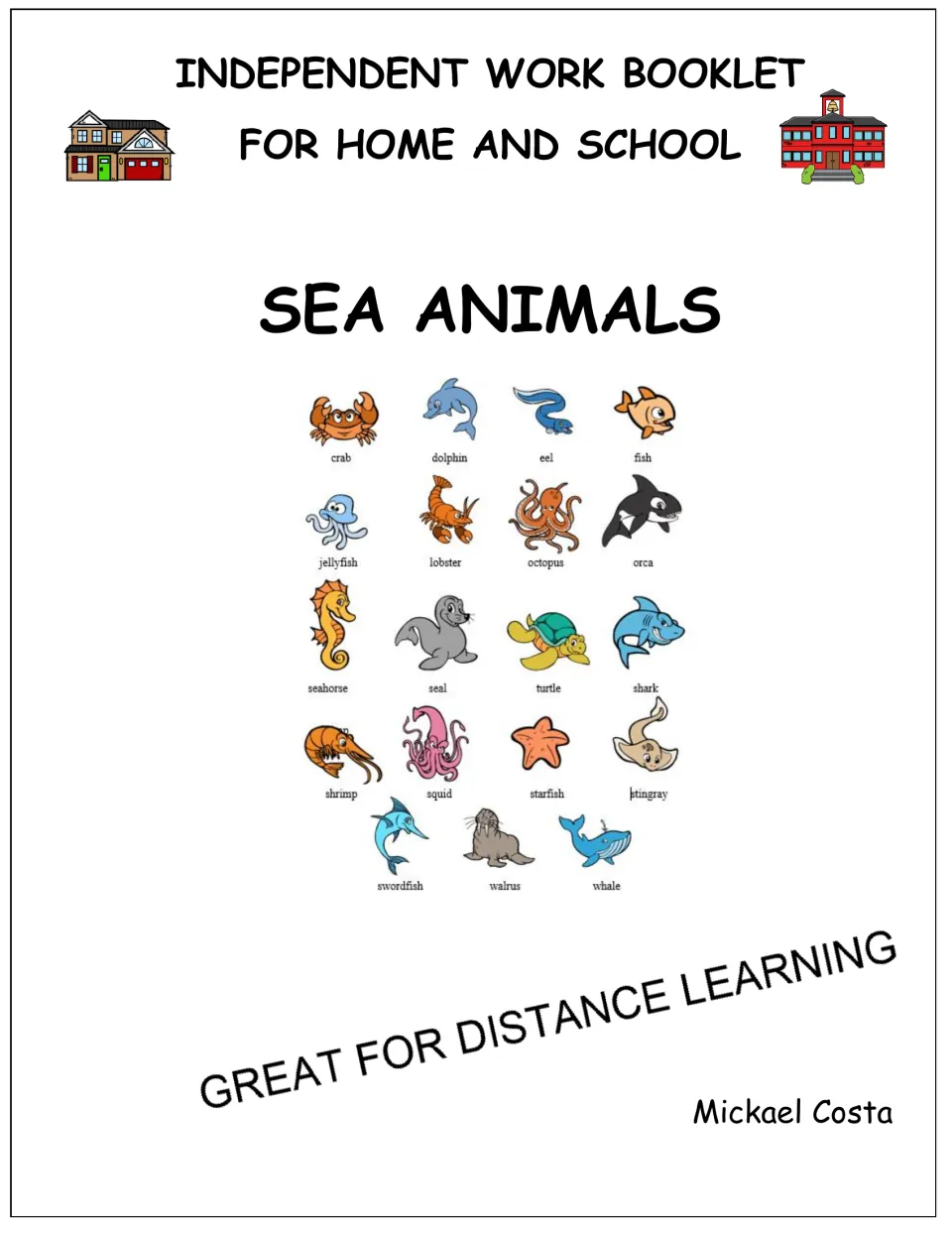 Sea Animals independent work booklet for home and school; cover shows 19 labeled cartoon sea animals, from crab to whale