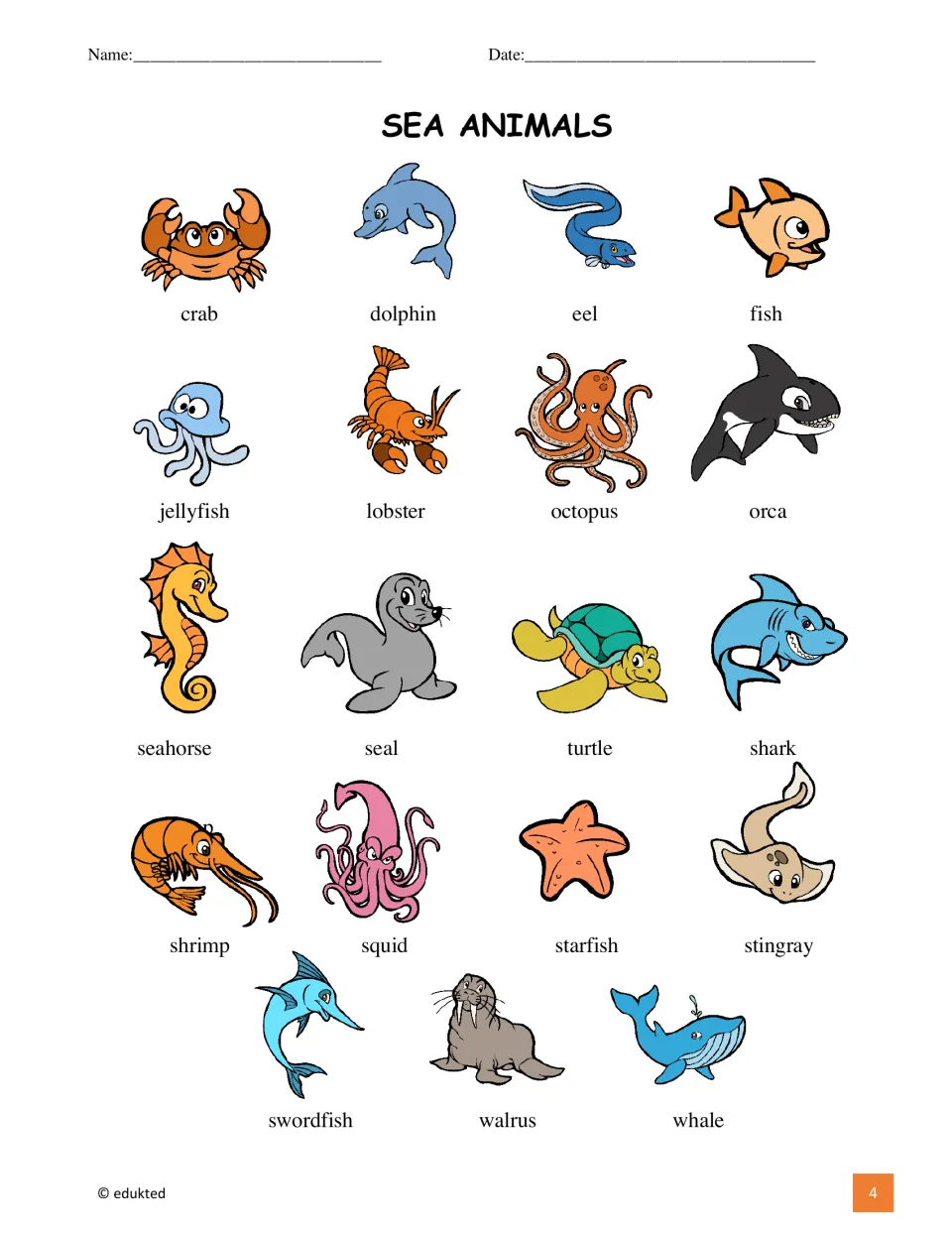Sea animal vocabulary sheet: 19 labeled cartoon pictures, including crab, dolphin, octopus, seahorse, walrus and whale
