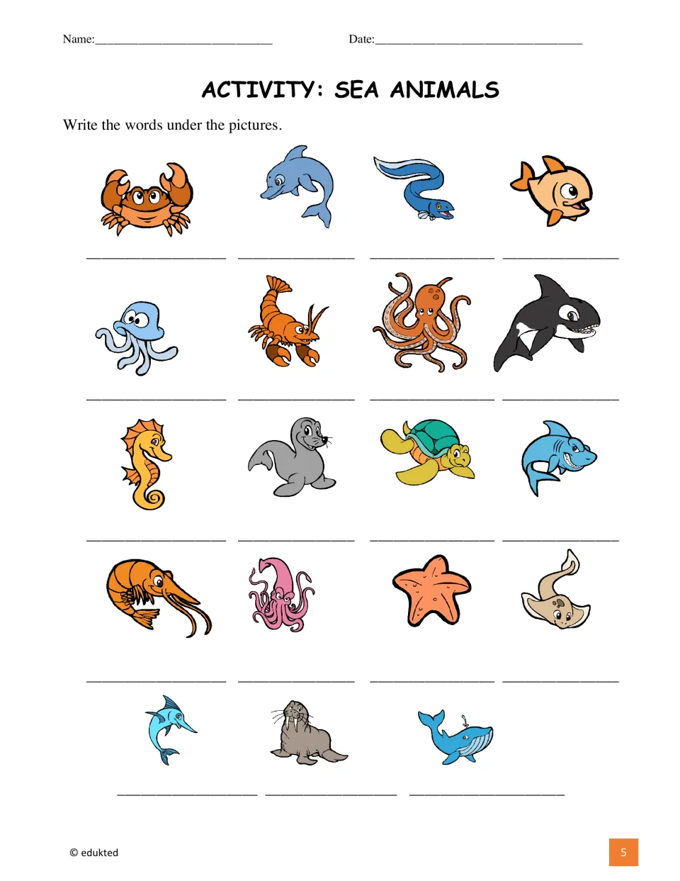 Sea animal labeling activity: students write the name under each of 19 pictures, such as crab, jellyfish and squid