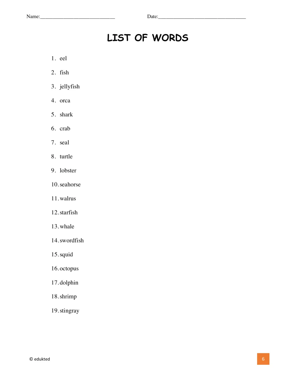 List of words: the 19 sea animal vocabulary words written out and numbered, from 1. eel and 2. fish through 19. stingray