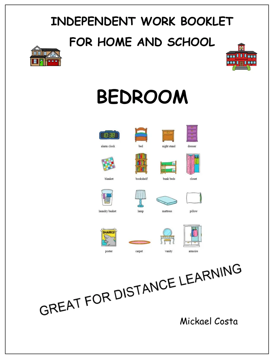 Bedroom literacy booklet cover for independent work at home and school, showing 16 labeled bedroom items