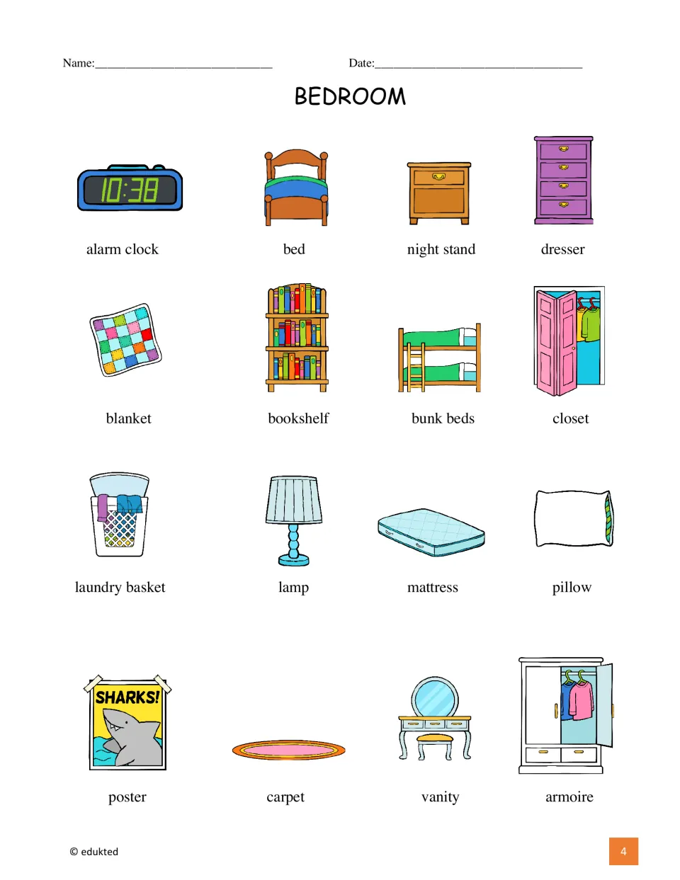 Bedroom vocabulary reference illustrates 16 labeled items, including alarm clock, bed, night stand, and dresser