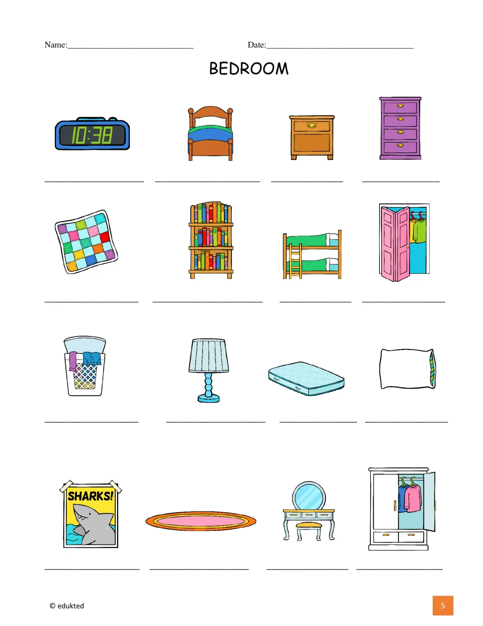 Bedroom labeling activity repeats the 16 vocabulary pictures, including a blanket, bookshelf, and bunk beds
