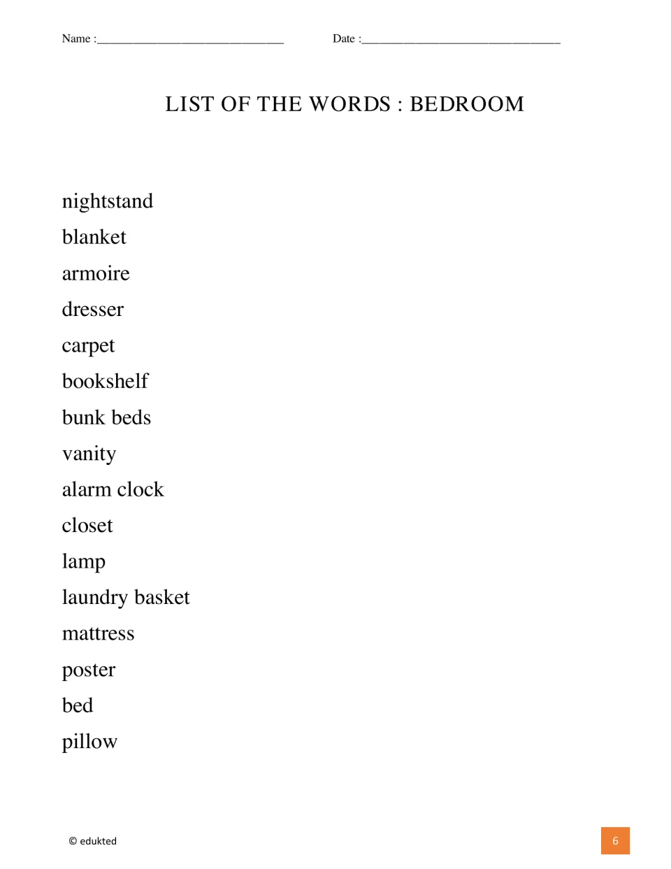 Bedroom word list supplies all 16 vocabulary terms, including nightstand, armoire, vanity, and laundry basket