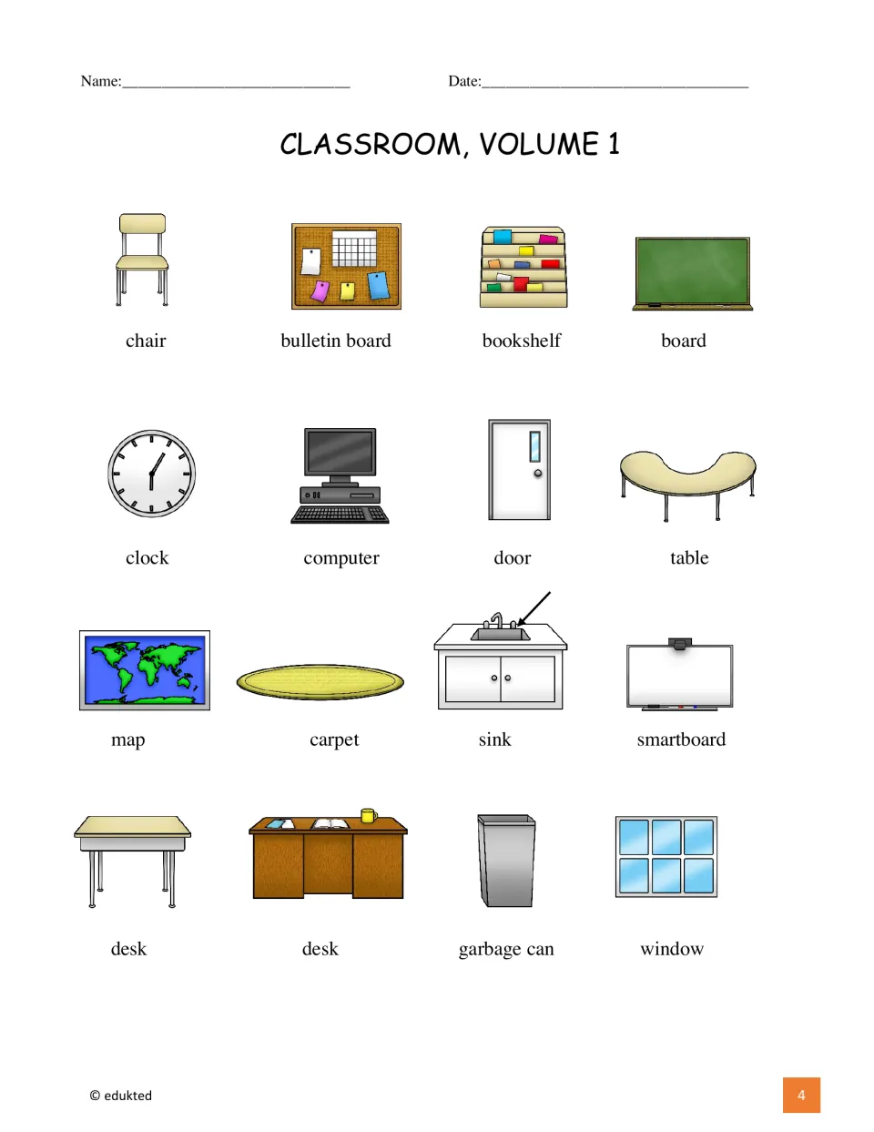 Vocabulary reference sheet showing 16 labeled classroom pictures, including a chair, bookshelf, and clock