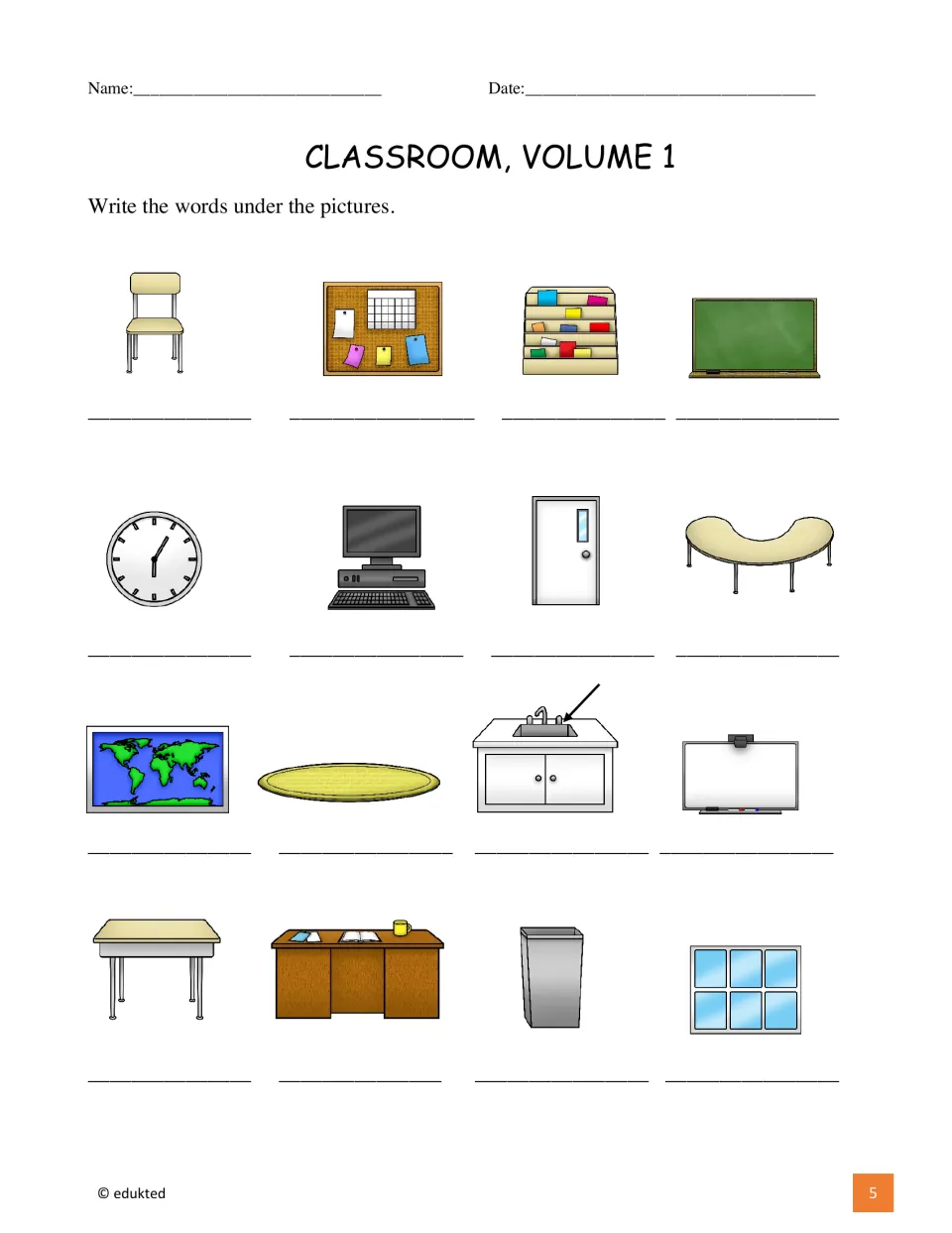 Classroom vocabulary labeling activity asking students to write words for 16 pictures from the reference sheet