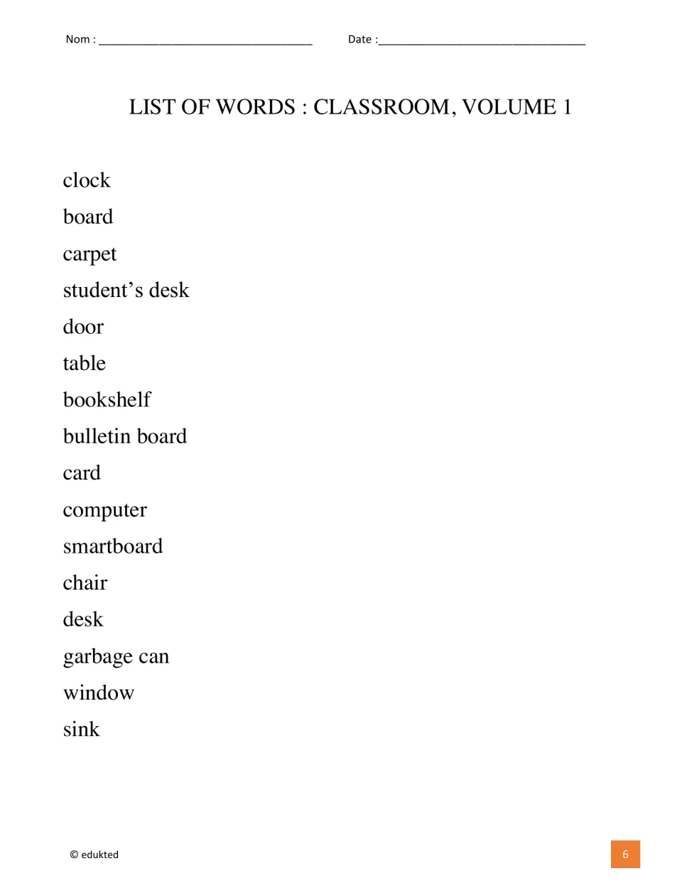 Classroom vocabulary list of 16 entries, including clock, board, carpet, student’s desk, card, and sink