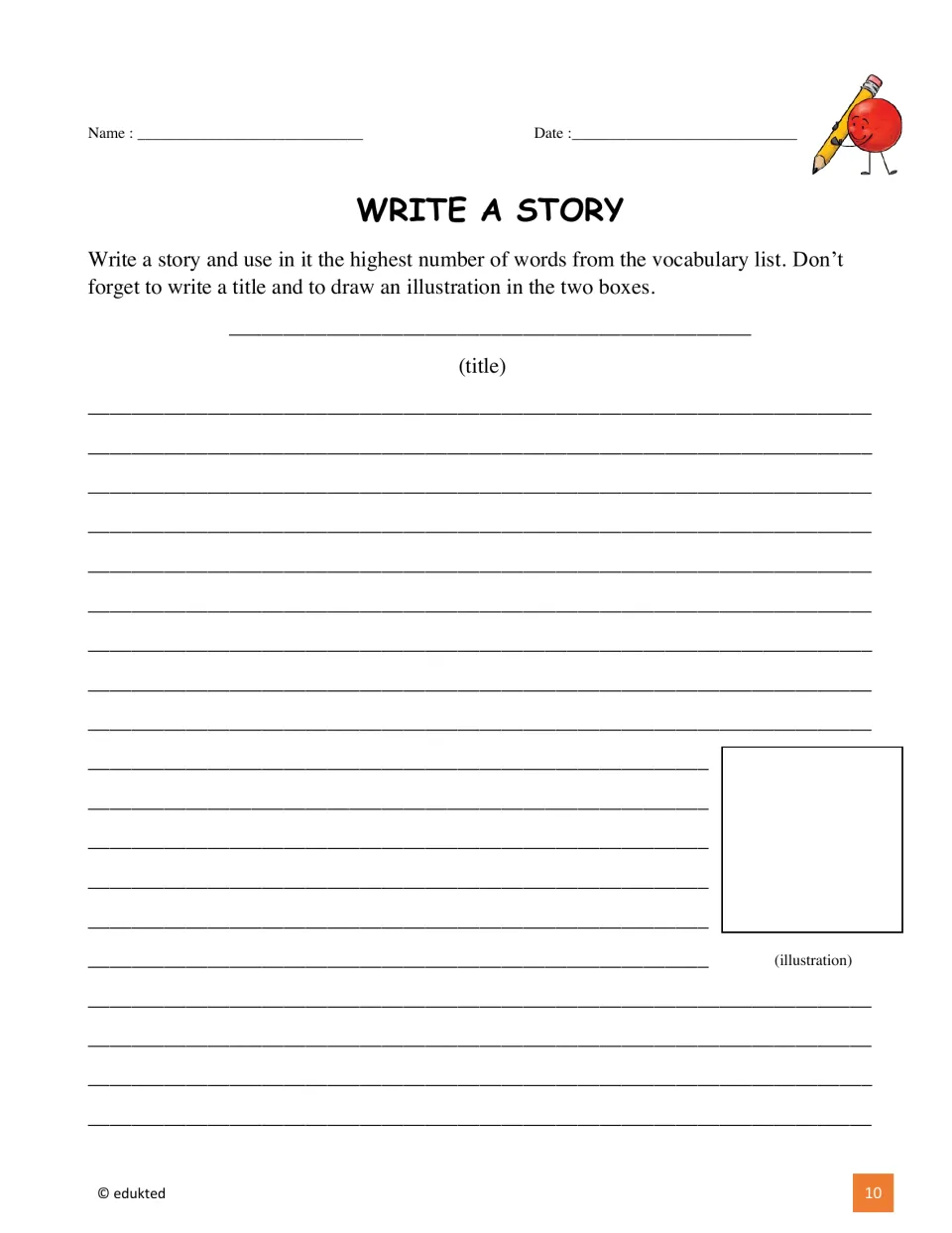 First story-writing page asking students to use as many vocabulary words as possible, add a title, and illustrate